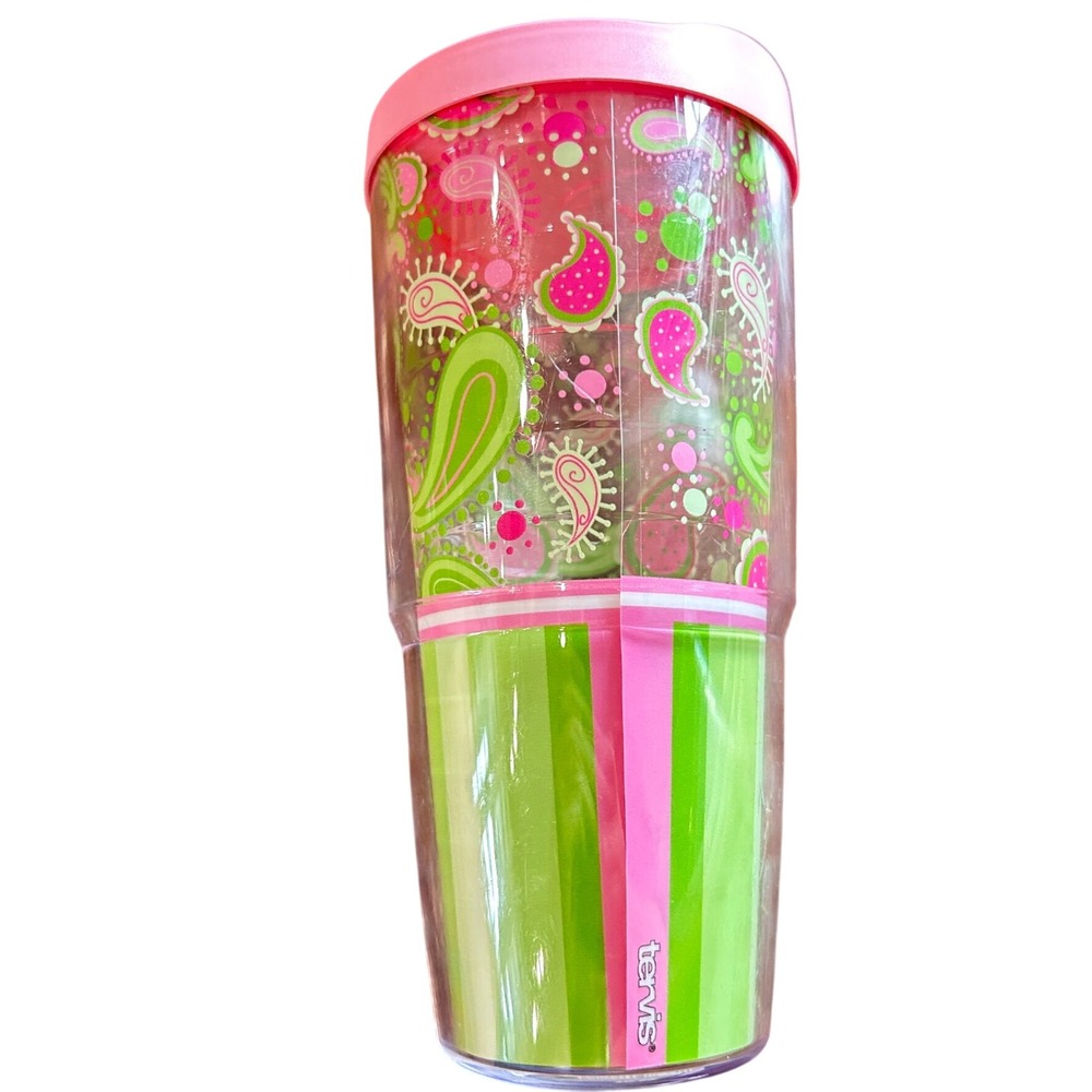 Tervis Tumbler Travel Cup Womens Pink Green Paisley Striped 24oz